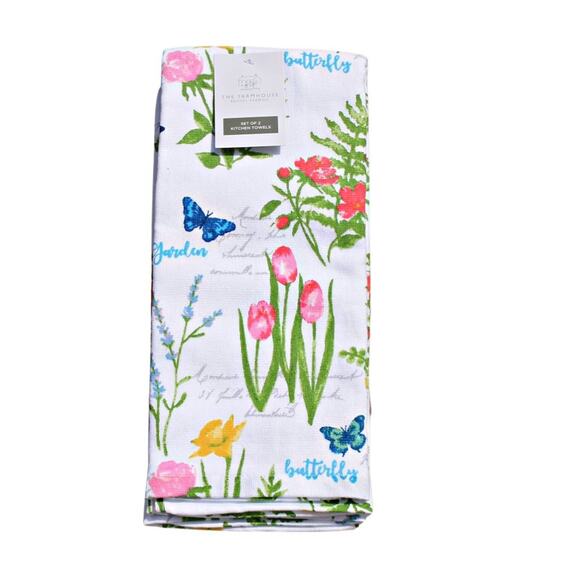 Rachel Ashwell Farmhouse Set of 2 Kitchen Towels Butterfly Floral Cotton - Picture 11 of 11